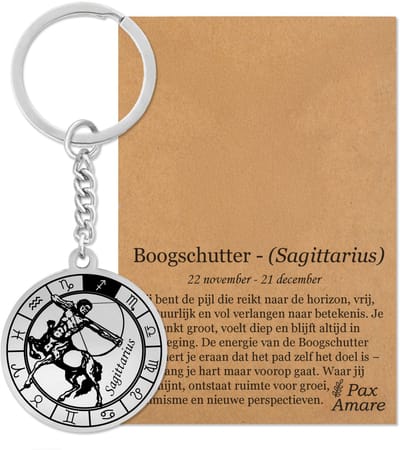 Sterrenbeeld Boogschutter (Sagittarius) Sleutelhanger op Cadeau Kaartje – Spiritueel Cadeau van Roestvrij Staal – Zilverkleurig – Pax Amare