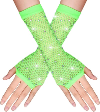 Fingerless Fishnet Handschoenen met Strass - Steampunk Punk Arm Sleeve voor 80s Kostuum en Halloween, Fluorescent Groen, M