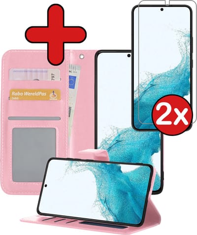 Hoesje - Met 2x Screenprotector - Geschikt voor Samsung Galaxy S22 - Luxe Pasjeshouder - Flip Case - Bookcase Portemonee - Kunstleer Book Case - Flipcase Hoes - Book Cover - Walletcase - Portemonneehoes - Telefoonhoes - Lichtroze