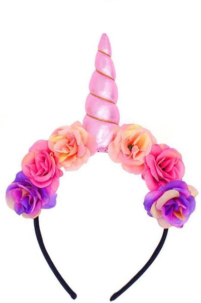 KIMU® Bloemen Eenhoorn Haarband Lichtroze - Unicorn Diadeem Roze Hoorn Glitter - Bloemetjes Paars Roze Festival