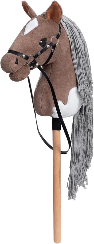 Stokpaard Speelgoed - Hobby Paard - Actieve Spelletjes - Zacht Pluche Hoofd - 70 cm - Bruin Wit