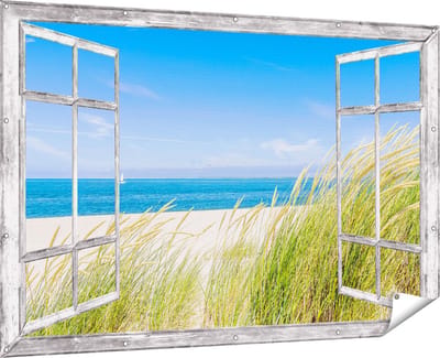 Gards Tuinposter Doorkijk Strand en Zee met een Zeilboot - 180x120 cm - Tuindoek - Tuindecoratie - Wanddecoratie buiten - Tuinschilderij