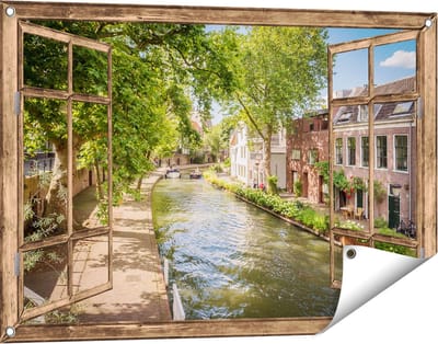 Gards Tuinposter Doorkijk Oudegracht in Utrecht - 90x60 cm - Tuindoek - Tuindecoratie - Wanddecoratie buiten - Tuinschilderij
