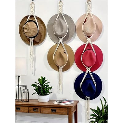 Boho Hoedenhanger Cowboy Hoedenrek Met Kwast Moderne Petten Display Hangende Organizer Handgeweven Honkbal 1 Set(3 size combinations) beige