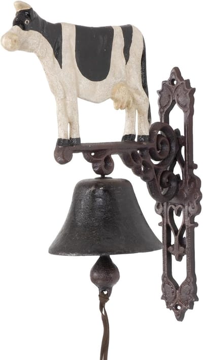 Wandbel Gevlekte Koe - Deurbel Boerderij - Nostalgische Entree - Handgemaakt Gietijzer - 38.5 cm Hoog - Zwart Wit