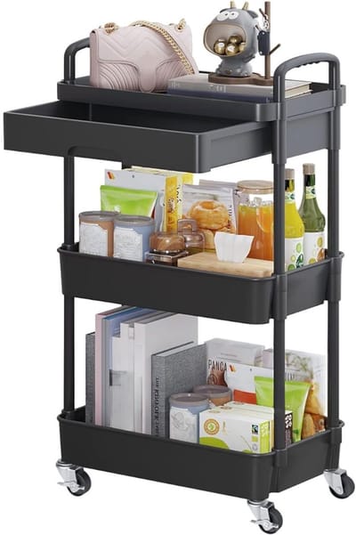 KAD® Keukentrolley - Keukentrolley op Wieltjes - Compacte Serveerwagen - Zwart - 40cm x 30cm x 78cm