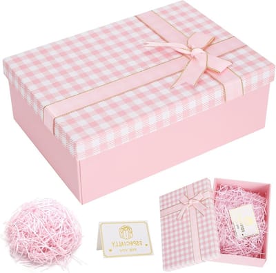 Roze Geruite Cadeau Doos met Deksel en Strik, 25 x 18 x 8,5 cm, Perfect voor Verjaardagen, Bruiloften en Feestdagen