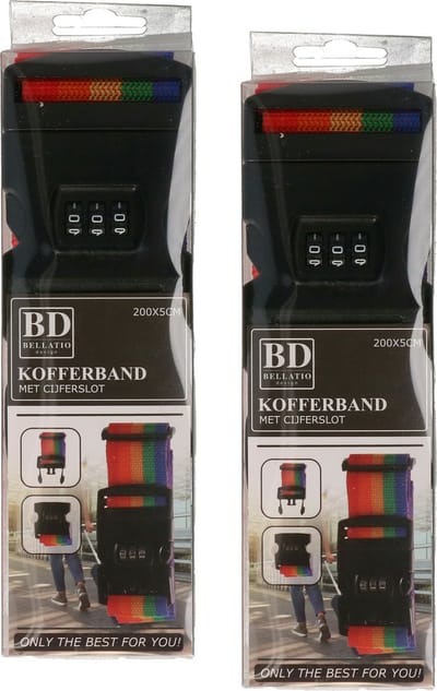 Bellatio design Bagageriem - 2x - regenboog - kofferriem met cijferslot - 200 x 6 cm - verstelbaar