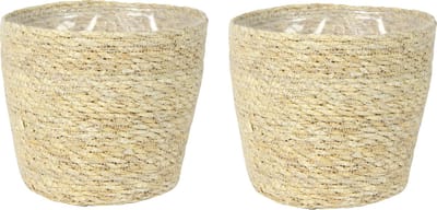 Ter Steege Plantenpot - Set van 2x stuks - beige - gevlochten zeegras - 18 x 16 cm - plastic binnenkant