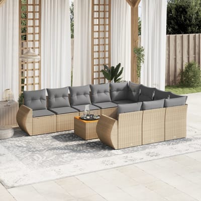 vidaXL - 11-delige - Tuinset - met - kussens - poly - rattan - beige