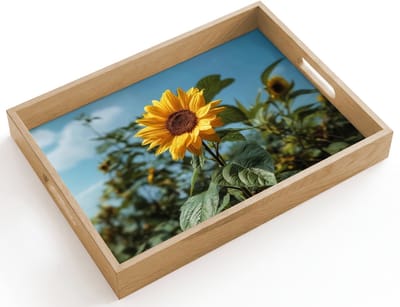 Dienblad hout 40x30 cm - Schootdienblad - Zonnebloemen - Helderblauwer lucht - Gras - Borrelplank rechthoek - Plateau dienbladen