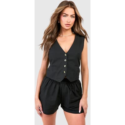 boohoo Dames Linnen Look Hesje & Losse Pasvorm Shorts | Zwart | Maat: 34