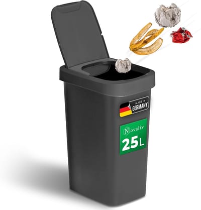 Novaliv afvalbak 25L met 2-in-1 deksel, scharnierend deksel & zwaaideksel, anti-geur afvalbak voor keuken huishouden kantoor, afvalemmer afvalbak plastic afvalcontainer afvalbak