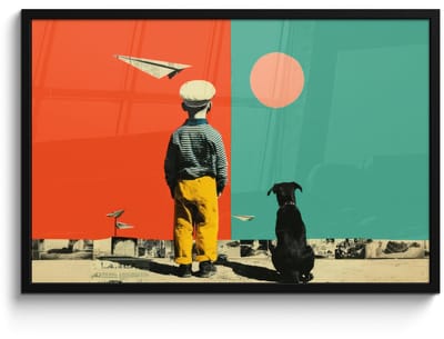 Poster in lijst - Fotolijst 90x60 cm - Posters - Retro - Jongen - Hond - Rood - Groen - Posterlijst zwart - Decoratie - Wanddecoratie woonkamer - Muurdecoratie slaapkamer