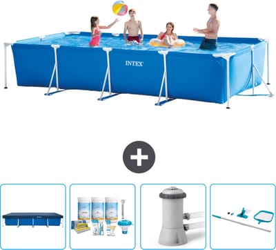 Intex Rechthoekig Frame Zwembad - 450 x 220 x 84 cm - Blauw - Inclusief Afdekzeil - Onderhoudspakket - Zwembadfilterpomp - Schoonmaakset