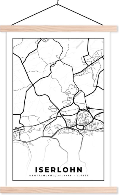 Posterhanger incl. Poster 40x60 cm - Schoolplaat - Stadskaart - Iserlohn - Plattegrond - Kaart - Textielposter - Blanke latten - Stadskaart