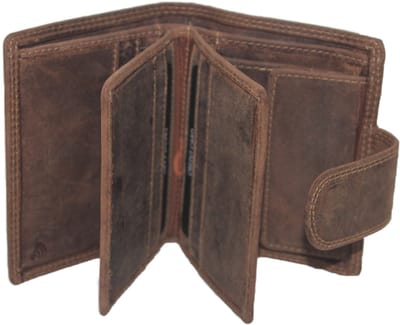 Oi Hunter bruine leren Billfold met drukker sluiting hoog model / afsluitbare lederen portemonnee voor veel pasjes / compact beursje voor 13 pasjes / Anti skimming / bruin leer / 288H
