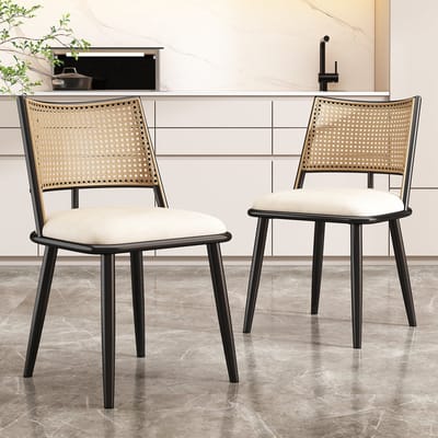 Sweiko Eetkamerstoel, 2-delige set, PU Zitdecoratie, Rotan Geweven Rugleuning, Retro natuurlijk, woonkamer, slaapkamer stoel,Zwart(Tafel niet inbegrepen)
