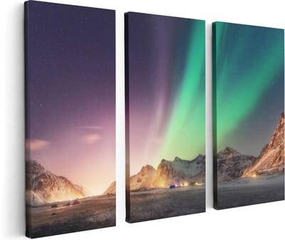 Artaza Canvas Schilderij Drieluik Noorderlicht in de Bergen met Sneeuw - 120x80 - Foto Op Canvas - Canvas Print