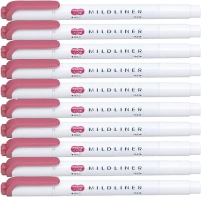 Zebra Mildliner Double-Sided Highlighter - Fine / Bold – Mild Red Set van 10 + een Luxe Zipperbag - WKT7-MR