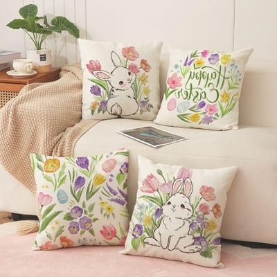 Kussenslopen - Paaskussenslopen - Paasdecoratie - Lentekussenslopen - Set van 4 - 45 x 45 cm - Linnenstructuur - Schattig konijntje en bloemenpatroon - Geschikt voor banken en woonkamerdecoratie