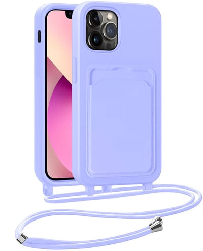 Hoesje Geschikt voor iPhone 13 Pro Telefoonhoesje Met Koord Case Pashouder Siliconen - Hoes Geschikt voor iPhone 13 Pro Hoesje Met Kaarthouder - Lila