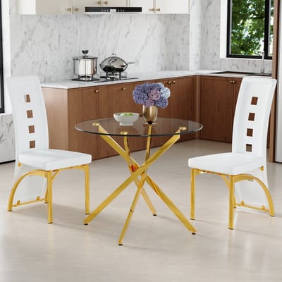 MODENUIT Eettafelset - Ronde Tafel 88 cm - 1 Tafel 2 Stoelen - Voor Eetkamer En Open Keuken - Glas En Metaal - Transparant Wit