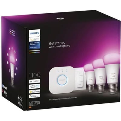 Philips Hue LED-lamp 871951429135500 Energielabel: F (A - G) Hue White & Col. Amb. 3er Starter Set inkl. DimmerSwitch 3x800lm 75W E27 11 W Warmwit tot