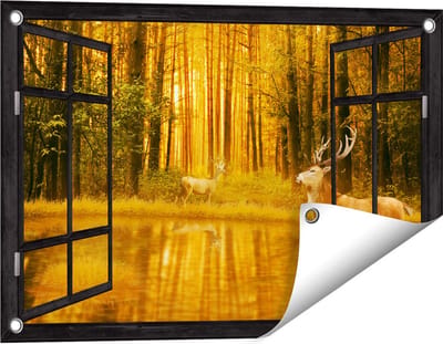 Gards Tuinposter Doorkijk Twee Herten in het Bos bij het Water - 60x40 cm - Tuindoek - Tuindecoratie - Wanddecoratie buiten - Tuinschilderij