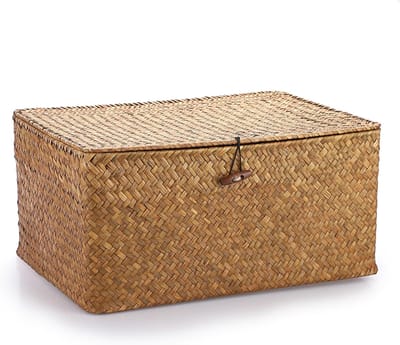 Mandje, wicker, opbergen, vierkant, voor op tafel, geweven, met deksel, voor de badkamer, organizer, woonkamer, decoratief, onder een plank, mandje, veelzijdig opbergidee (karamel, XL)