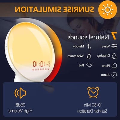 Wekker met Licht - Natuurlijk Ontwaken - Rustig Wakker Worden - 7 Natuurlijke Ringtones - 16.5 cm - Wit
