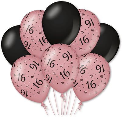 Q2P - 16 Jaar Ballon - Verjaardag Versiering - Rosegoud & Zwart - Helium Ballonnen - Feest Decoratie - Sweet Sixteen - 8 Stuks