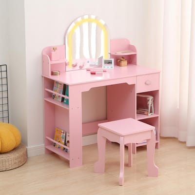Kinder Kaptafel met Verlichte Spiegel - 2‑in‑1 Kaptafel & Krukje voor Meisjes 3‑9 Jaar, met Boekenkast, Lade & Open Planken, Roze