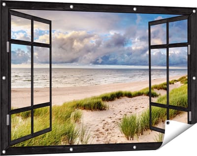 Gards Tuinposter Doorkijk Strand en Duinen met Bewolking - 120x80 cm - Tuindoek - Tuindecoratie - Wanddecoratie buiten - Tuinschilderij
