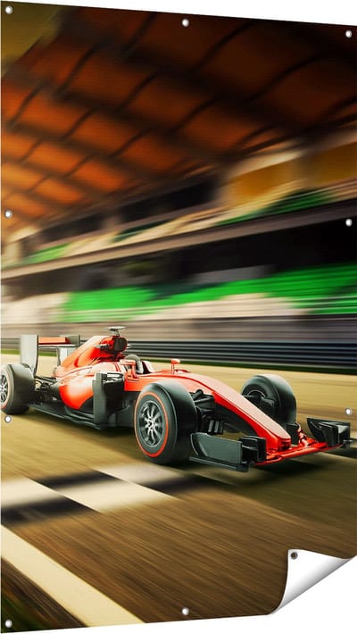 Gards Tuinposter Formule 1 Auto bij de Finish in het Rood - 100x150 cm - Tuindoek - Tuindecoratie - Wanddecoratie buiten - Tuinschilderij