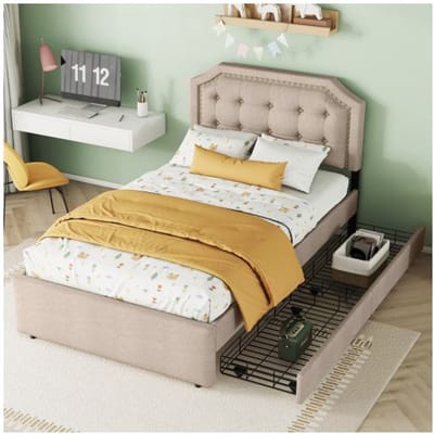 Lit - MUVOE - 90x200 cm - Beige foncé - Rembourré avec tiroirs - Design élégant beige