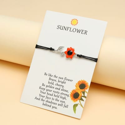 Vriendschapsarmbandje met Rode Zonnebloem Zilverkleurig - Zwarte Bandjes - BFF Armband op Cadeau kaartje - Pax Amare