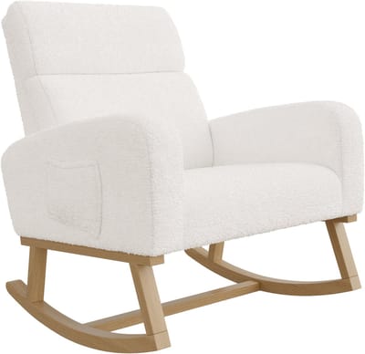 Schommelstoel van pluche stof, Woonkamerfauteuil met zijvakken en massief houten onderstel, Schommelstoel voor kinderen Schommelstoel voor woonkamer, slaapkamer, Wit