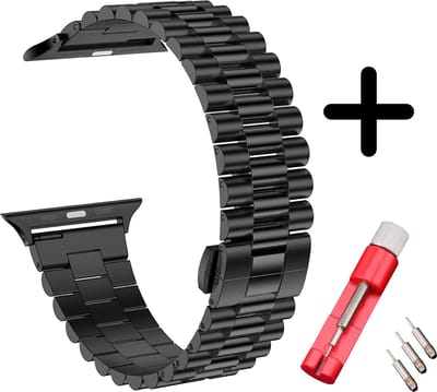 Strap-it Presidential stalen band - Geschikt voor Apple Watch bandje - Series 1/2/3/4/5/6/7/8/9/10/11/SE/SE2/SE3 - Zwart - Staal/metalen schakel band met vlindersluiting - Voor maat: 38 / 40 / 41 / 42mm - Met inkorter toolkit