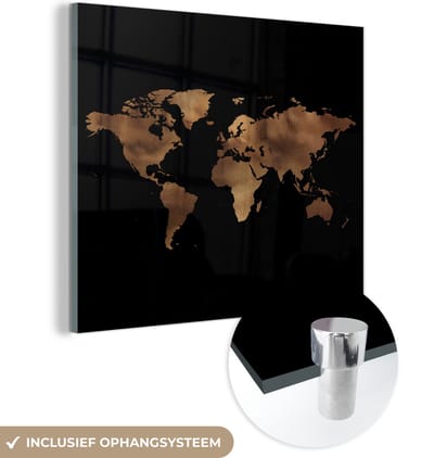 ® Glasschilderij 90x90 cm - Schilderij acrylglas - Wereldkaart - Goud - Zwart - Foto op glas - Muurdecoratie woonkamer - Wanddecoratie slaapkamer - Schilderijen