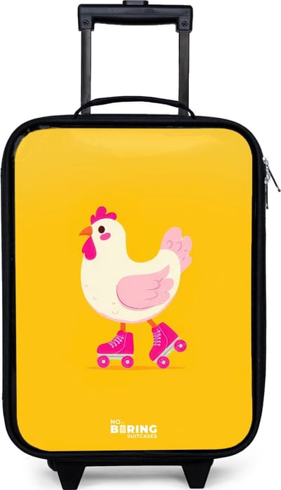 NoBoringSuitcases.com® - Kinderkoffer jongen - Kindertrolley meisje - Kip - Rolschaatsen - Geel - Koffer kind lichtgewicht - Reiskoffer trolley voor kinderen - Koffertje met lichtgevende wieltjes - Rolkoffer zwart