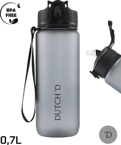 Dutch'D ® - Drinkfles - Drinkfles met rietje - Waterfles - Grijs - Drinkfles Volwassenen - Lek Vrij - Cadeau voor haar/hem - Verschillende Drinkflessen en waterflessen - Drinkbeker - Sportfles - Drinkbus - 700 ML