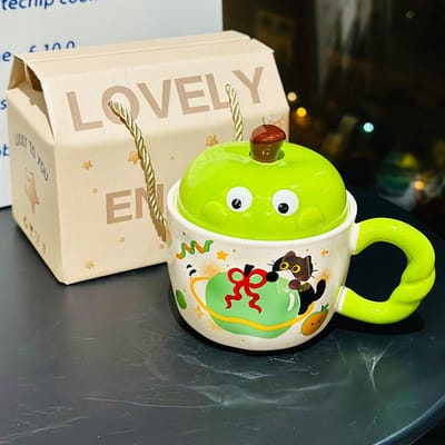 Tasse Mignonne de Dessin Animé Pomme aux Grands Yeux avec Couvercle Tasse Mignonne en Céramique pour le Petit Déjeuner Cadeau pour les Meilleurs Amis Tasse à Eau Souvenir 370ml