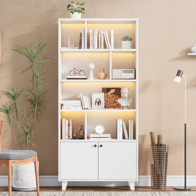 Sweiko Vitrinekast - Boekenkast - Massief houten poten - Meerdere opbergvakken - LED-verlichting - Wit