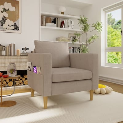 MODENUIT Fauteuil 71 x 68 x 82 cm - Met Zijvak en Los Rugkussen - Voor Woonkamer en Leeshoek - Chenille Khaki