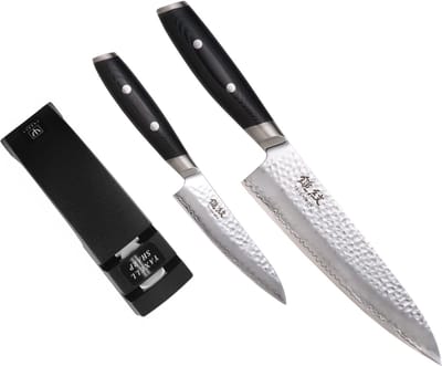 Yaxell Tsuchimon Geschenkset – 3-delig – Messenslijper met Koksmes 20 cm en Universeelmes 12 cm – 3 Lagen Damaststaal – VG10 Staal – Canvas-Micarta Heft