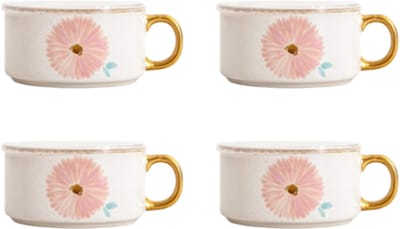 Homla - Meren Serveerschaal - Set van 4 - Keramische Serveerschaal met Gouden Handgreep - Dessertschaal - Snackschaal - Decoratieve Kom - Bloemenmotief - 0.6 Liter - Ø14 x 7 cm - Crème met Roze Bloemenmotief