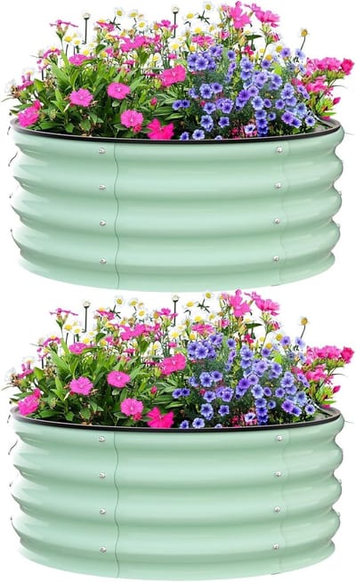 Set van 2 Ronde Verhoogde Moestuinbakken - Kweekbakken van Verzinkt Staal - Plantenbak Zonder Bodem voor Groenten & Kruiden - Ø 61 x 30.5 cm - Groen