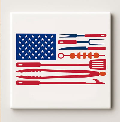 Amerikaanse BBQ Gereedschap Vlag Tegel – 15x15cm Patriottische Grill Keramische Wanddecoratie | Perfect Cadeau voor BBQ Liefhebbers & Buitenchefs