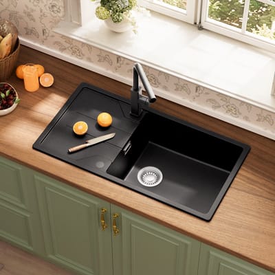 CECIPA max Granieten spoelbakken (86x45CM) - Spoelbak Keuken Zwart - Wasbak Keuken Met Waterafvoersysteem en Afdruiprek